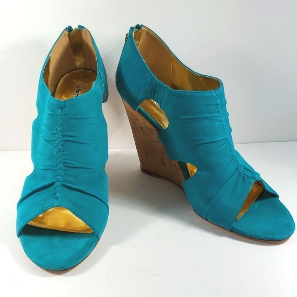 Charles David Teal‎ Suede Ruched Cork Wedge Sandals Peep Toe Gold Zip Size 10